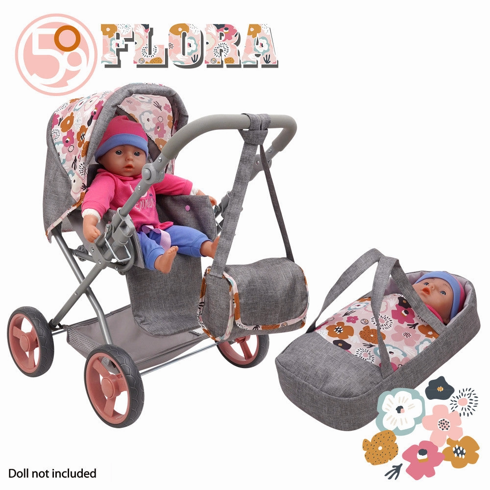 509 Crew Kelly Deluxe Doll Pram with Melange Flora Design and Matching Bag
