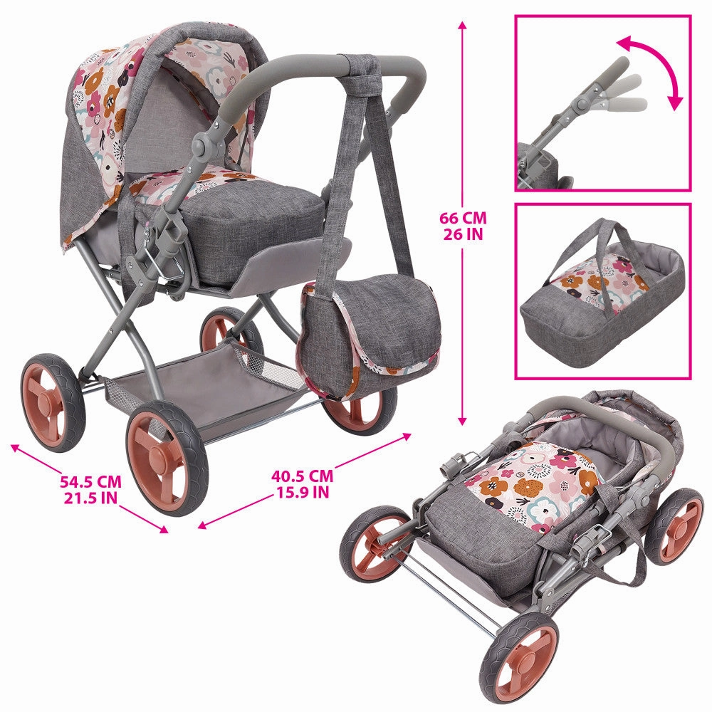509 Crew Kelly Deluxe Doll Pram with Melange Flora Design and Matching Bag