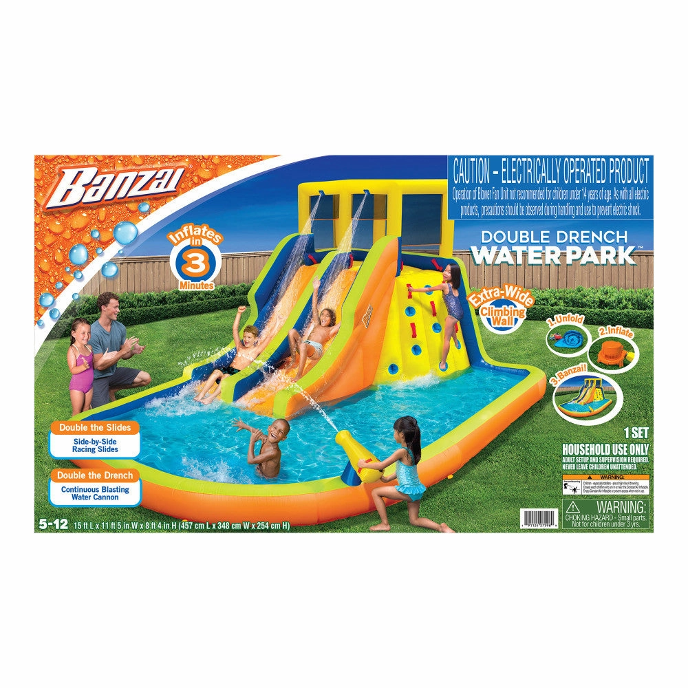 Banzai Double Drench Water Park, Inflatable Dual Slide Backyard Splash Toy