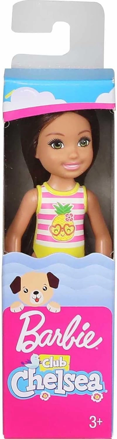 Barbie Chelsea Small Doll With Beach Swimsuit, Stripes & Pineapple,Brunette Hair & Green Eyes For Kids Ages 3 