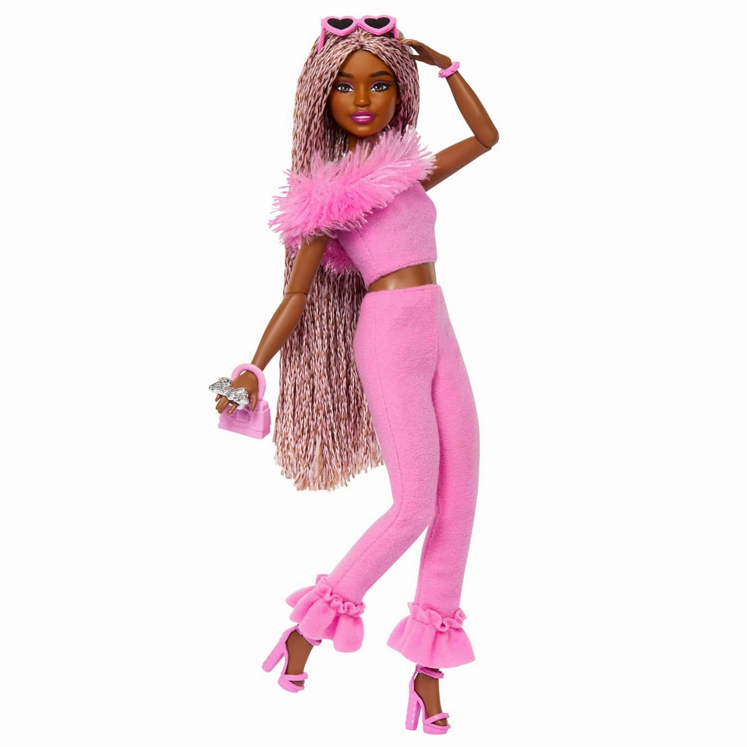 Barbie Deluxe Style Doll #4 in Barbiecore Outfit, Pink and Brown Braids, Soft Pink Top and Pant Set with Furry Collar With Accessories for Kids Ages 4 