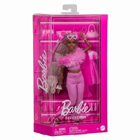 Barbie Deluxe Style Doll #4 in Barbiecore Outfit, Pink and Brown Braids, Soft Pink Top and Pant Set with Furry Collar With Accessories for Kids Ages 4 