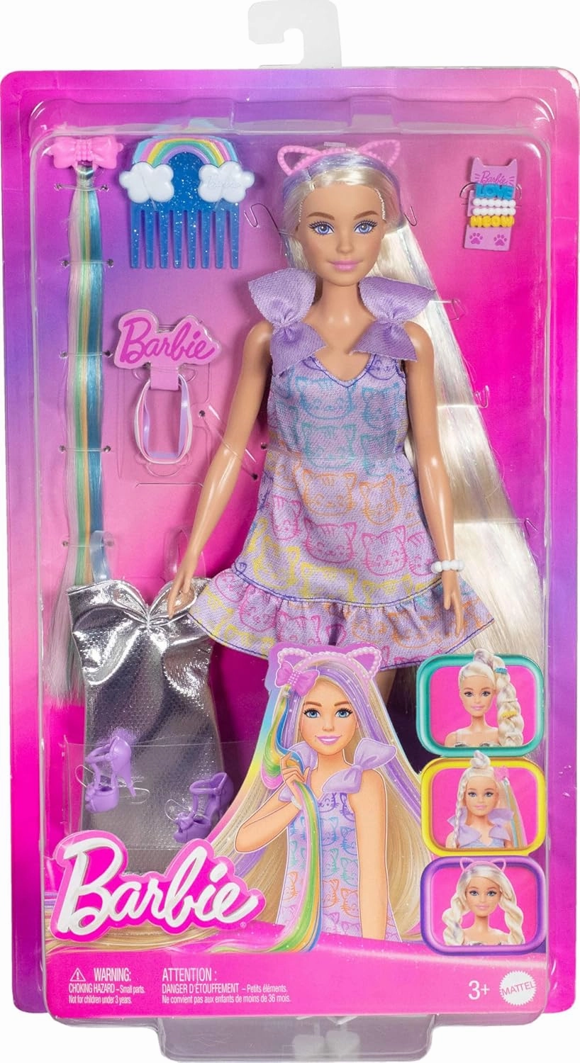Barbie Fun & Fancy Blonde Fashion Doll with Extra-Long Hair & 2 Looks, Including Silver Metallic Dress & Hair Extension for Kids Ages 3 