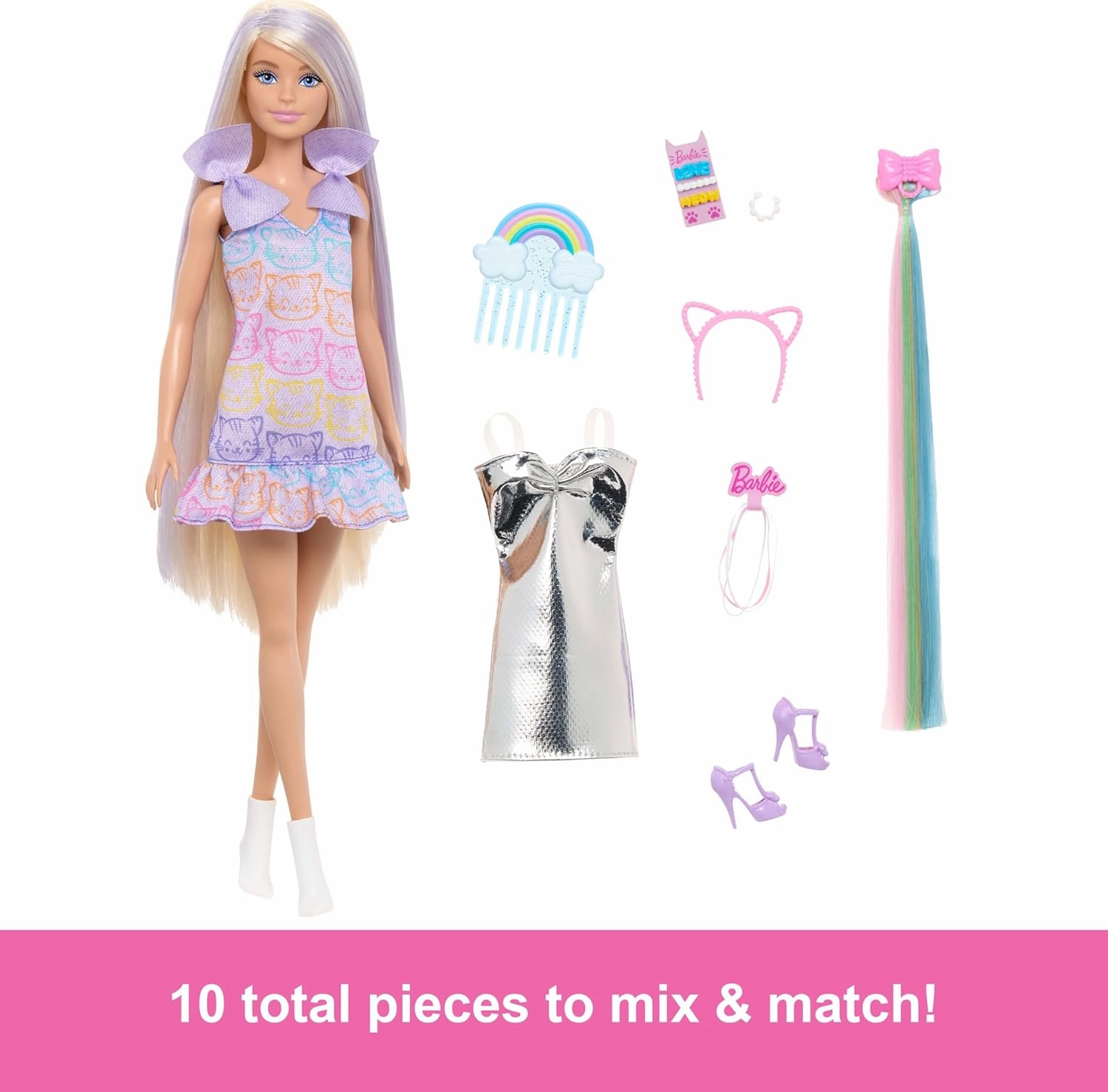 Barbie Fun & Fancy Blonde Fashion Doll with Extra-Long Hair & 2 Looks, Including Silver Metallic Dress & Hair Extension for Kids Ages 3 