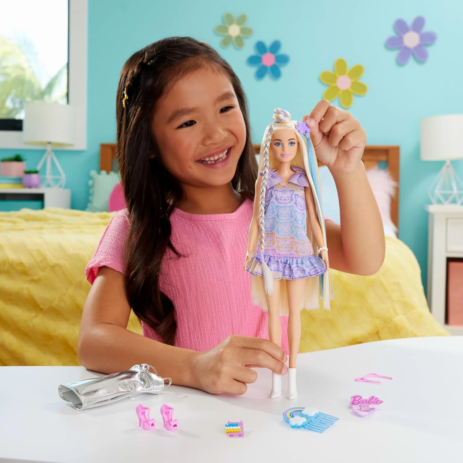 Barbie Fun & Fancy Blonde Fashion Doll with Extra-Long Hair & 2 Looks, Including Silver Metallic Dress & Hair Extension for Kids Ages 3 