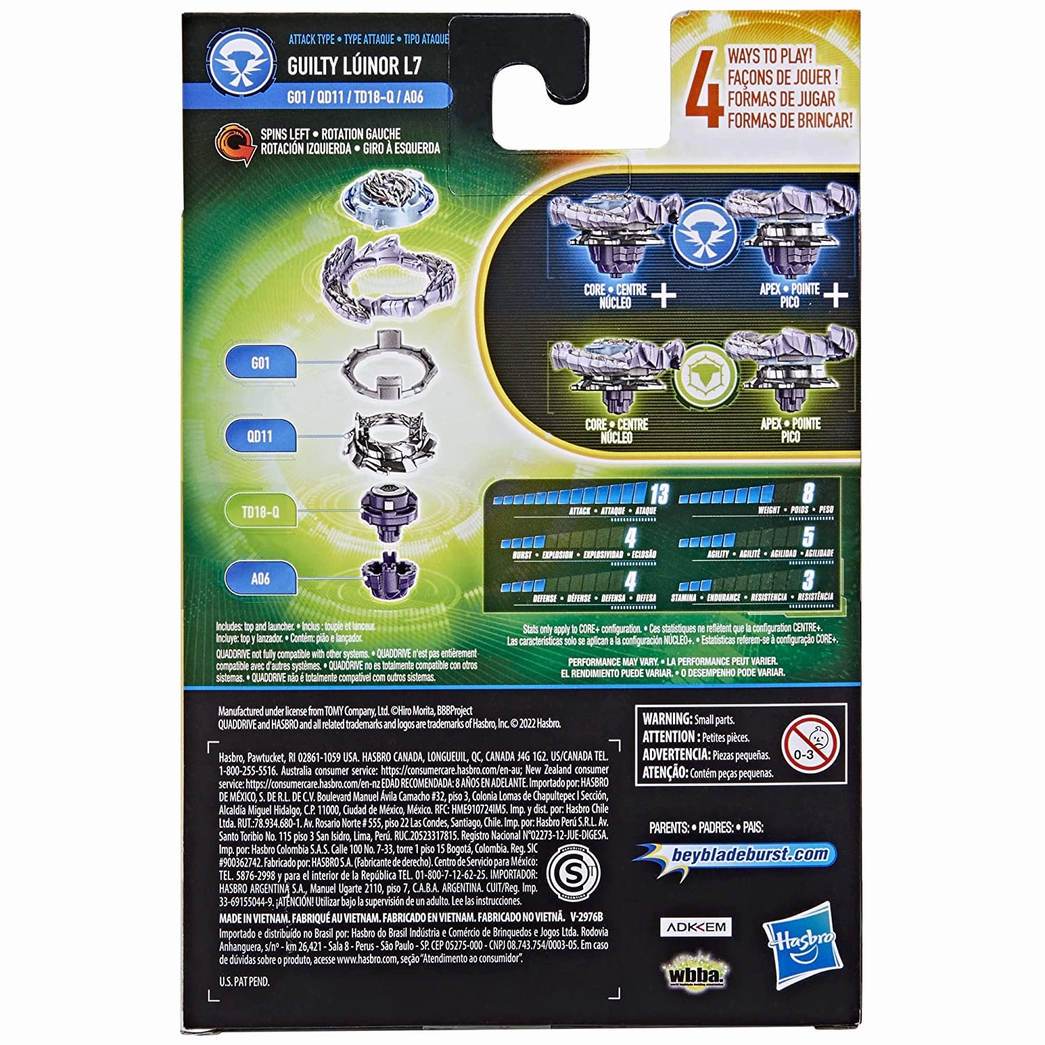 Beyblade Burst QuadDrive Guilty Linor L7 Spinning Top Starter Pack With Launcher For Kids Ages 8 And Up