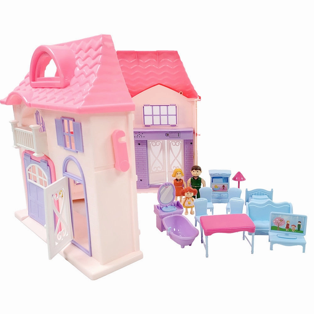 Boley Doll House Playset - Pink & Purple - 16pc with 3 Family Dolls for Kids 3 