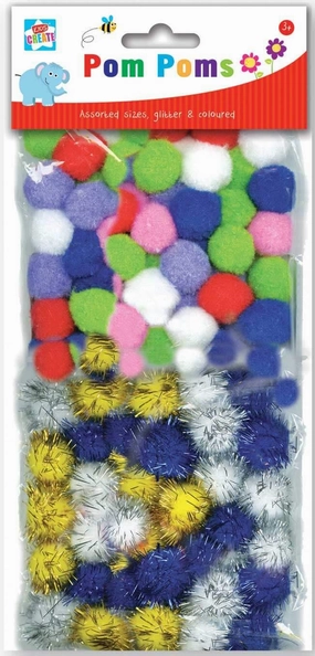 Children's Pack of 100 Pom Poms in Assorted Sizes, Colours, & Designs