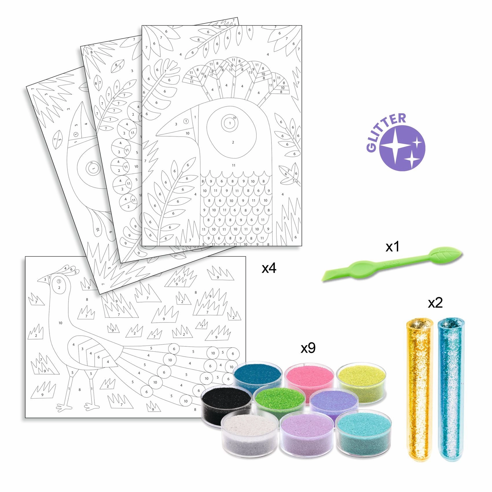 Djeco Dazzling Birds Sand & Glitter Boards Craft Kit for Ages 6 and Up