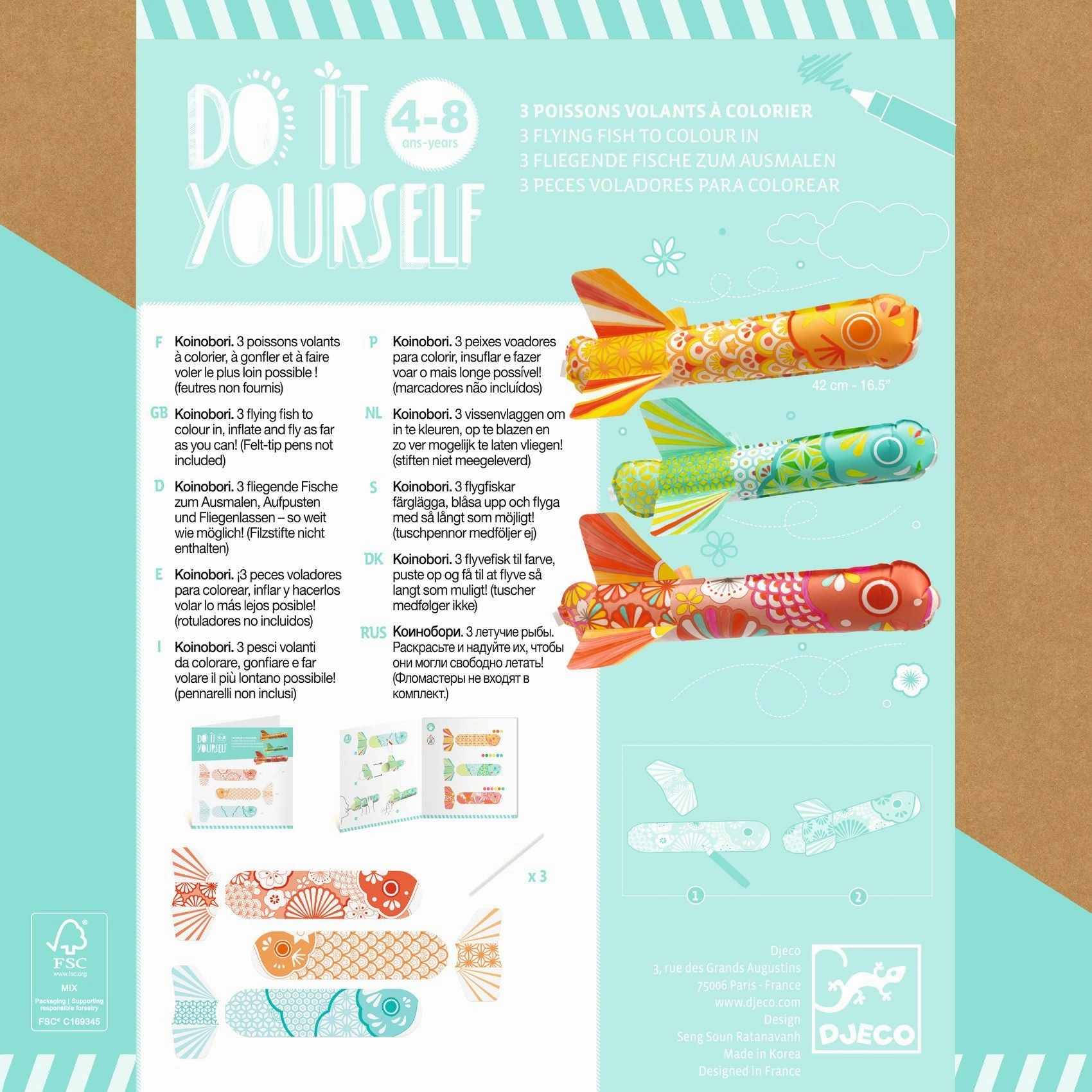 Djeco Do it Yourself Colour in 3 Inflatable Flying Fish for Age 4 & Up