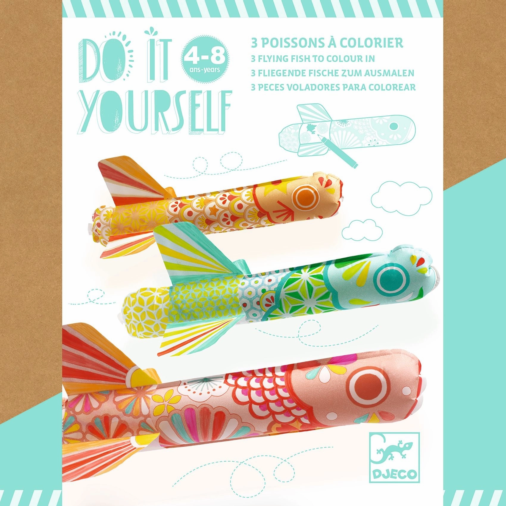 Djeco Do it Yourself Colour in 3 Inflatable Flying Fish for Age 4 & Up