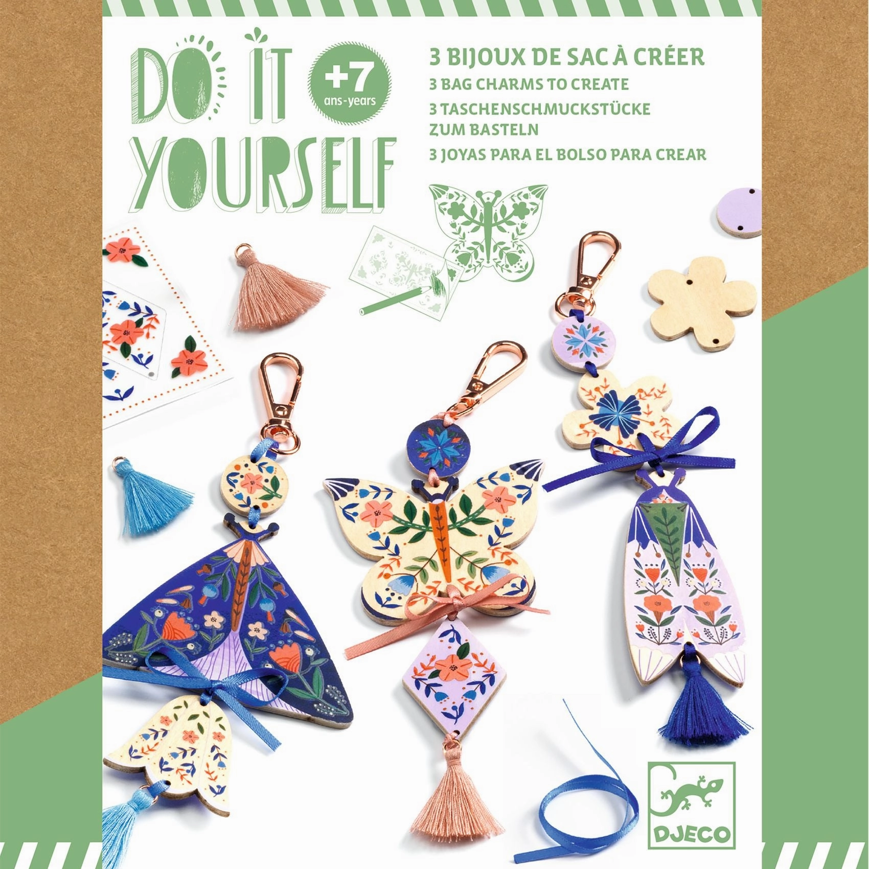 Djeco Do it Yourself Create 3 Wooden Butterfly Bag Charms for Ages 7 