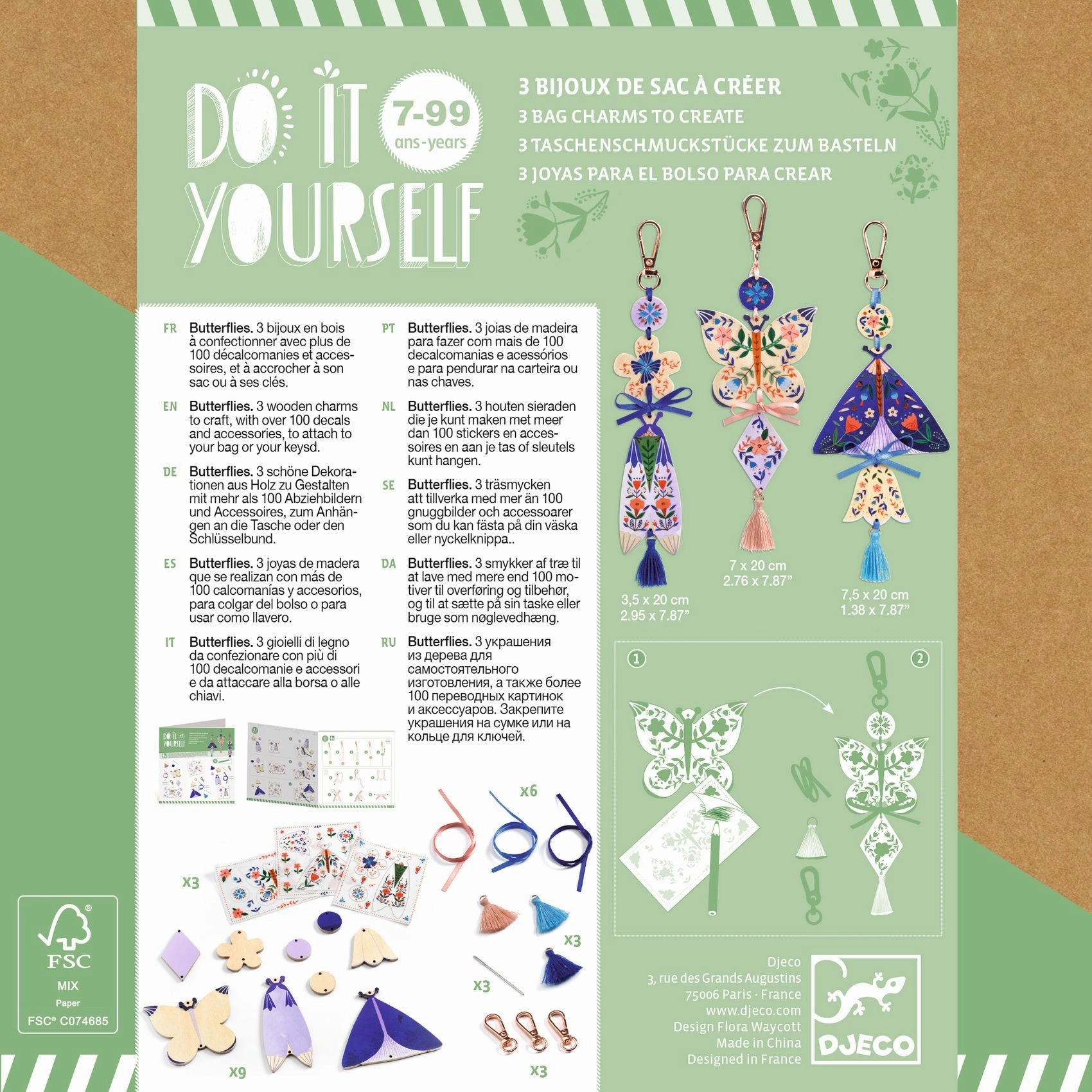 Djeco Do it Yourself Create 3 Wooden Butterfly Bag Charms for Ages 7 