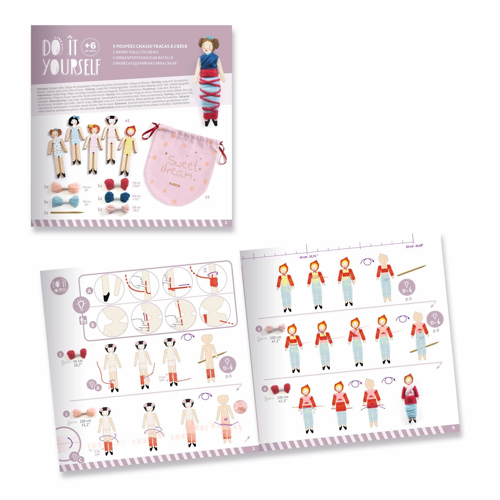Djeco Do it Yourself Create 5 Worry Dolls with Pouch for Ages 6 and Up