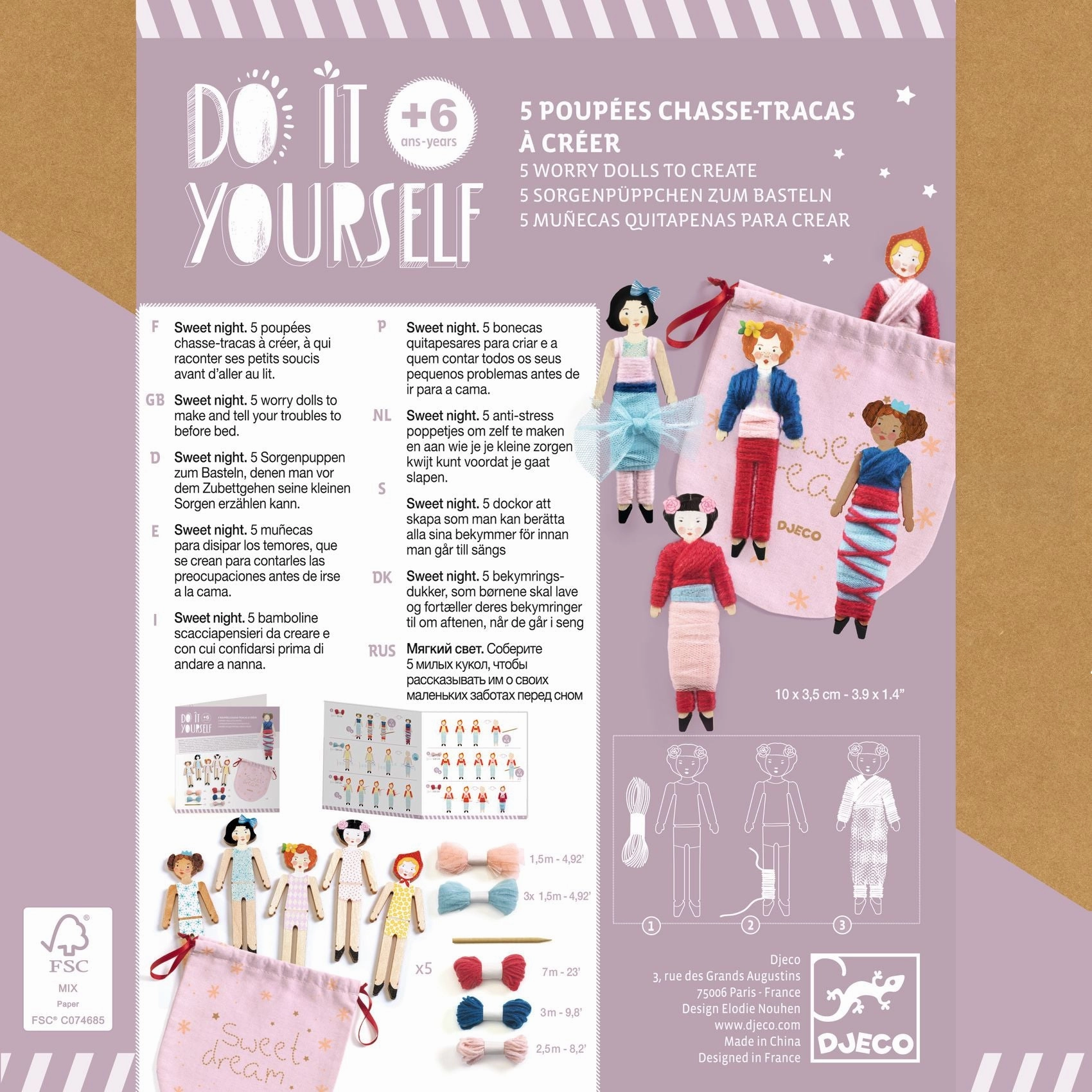 Djeco Do it Yourself Create 5 Worry Dolls with Pouch for Ages 6 and Up