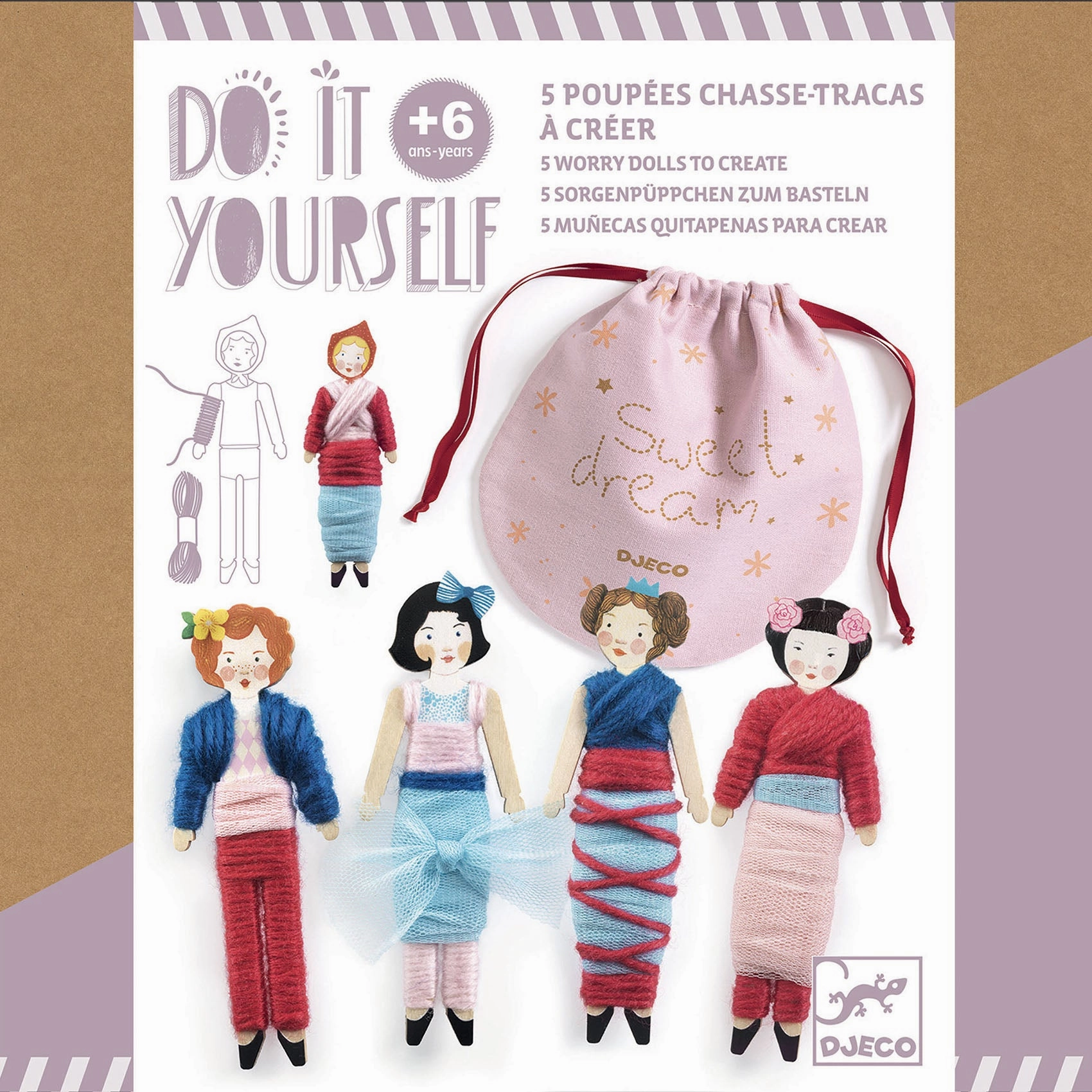 Djeco Do it Yourself Create 5 Worry Dolls with Pouch for Ages 6 and Up