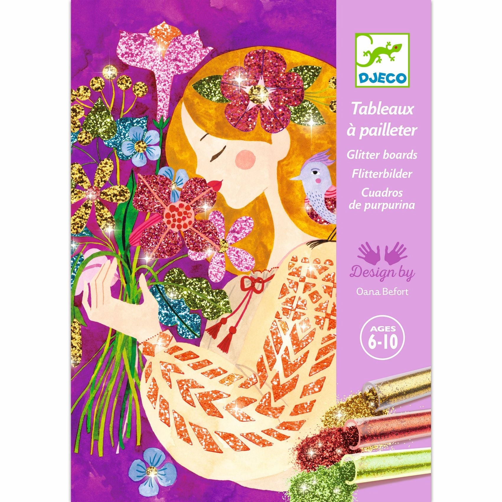 Djeco Flower Girls Glitter Boards Mess-Free Craft Kit for Ages 6 & Up