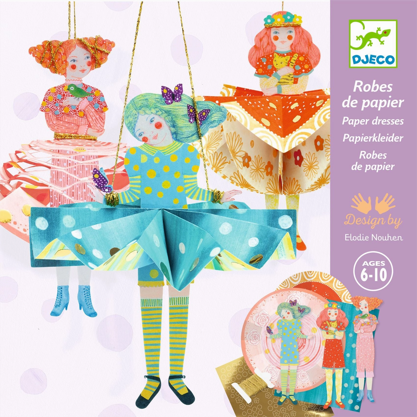 Djeco Fold 3 Paper Dresses for Hanging Dolls Craft Kit for Ages 6 & Up