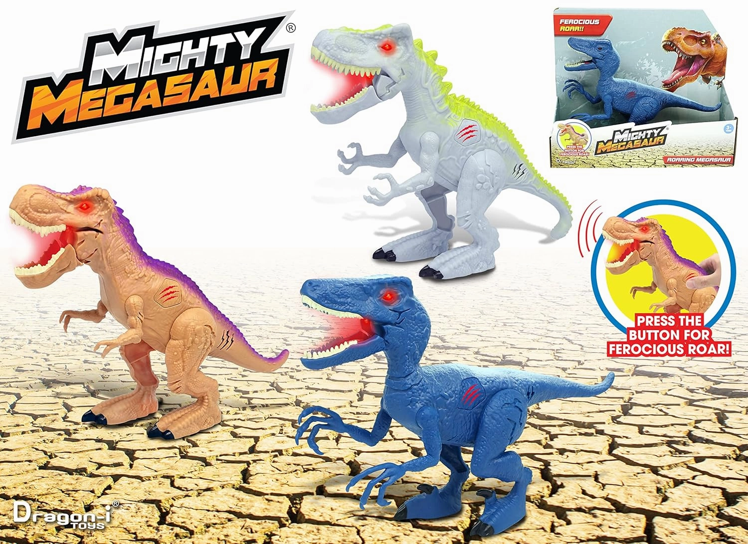 Dragon-I Mighty Megasaur Roaring T-Rex Dinosaur Action Figure for Kids Ages 3 , Brown