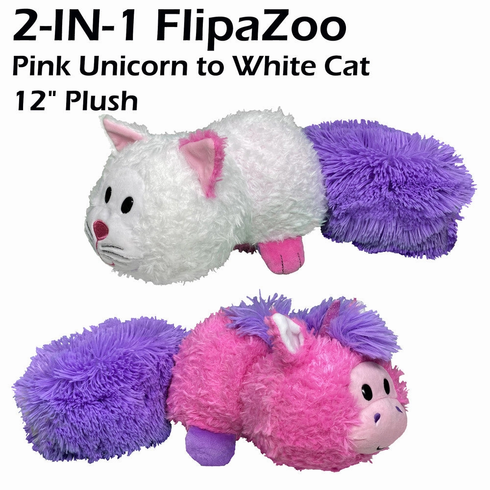 FlipaZoo Magic Tails 2-in-1 Plush - Pink Unicorn to White Cat 14 Inch Cuddly Pillow