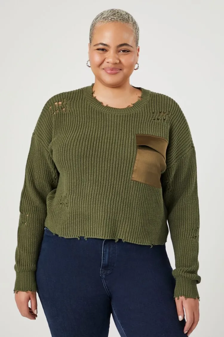 Forever 21 Knit Plus Women's Distressed Satin Pocket Sweater Dark Olive Forever 21