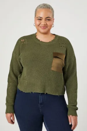 Forever 21 Knit Plus Women's Distressed Satin Pocket Sweater Dark Olive Forever 21