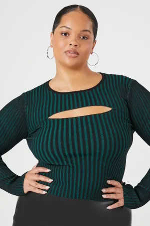 Forever 21 Knit Plus Women's Striped Cutout Sweater Black/Emerald Forever 21
