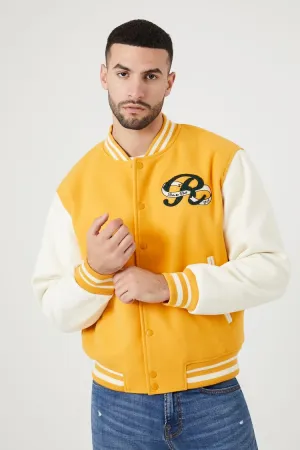 Forever 21 Men's Embroidered & Chenille Patch Letterman Jacket Gold/Multi Forever 21