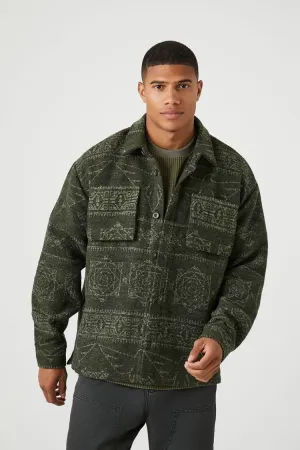 Forever 21 Men's Geo Print Button-Front Shacket Olive/Avocado Forever 21