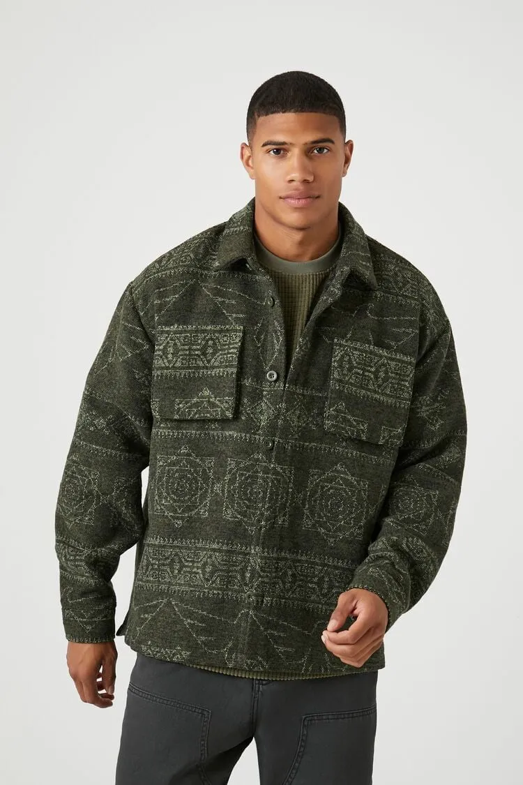 Forever 21 Men's Geo Print Button-Front Shacket Olive/Avocado Forever 21