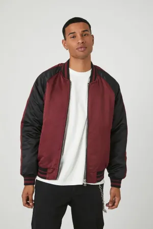 Forever 21 Men's Satin Varsity-Striped Bomber Jacket Black/Burgundy Forever 21