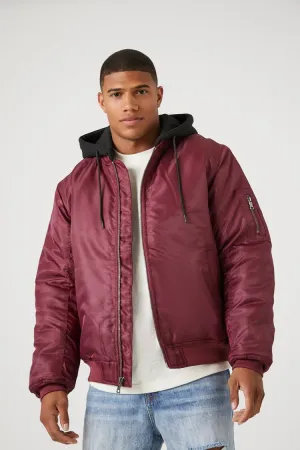 Forever 21 Men's Zip-Up Hooded Bomber Jacket Burgundy/Black Forever 21