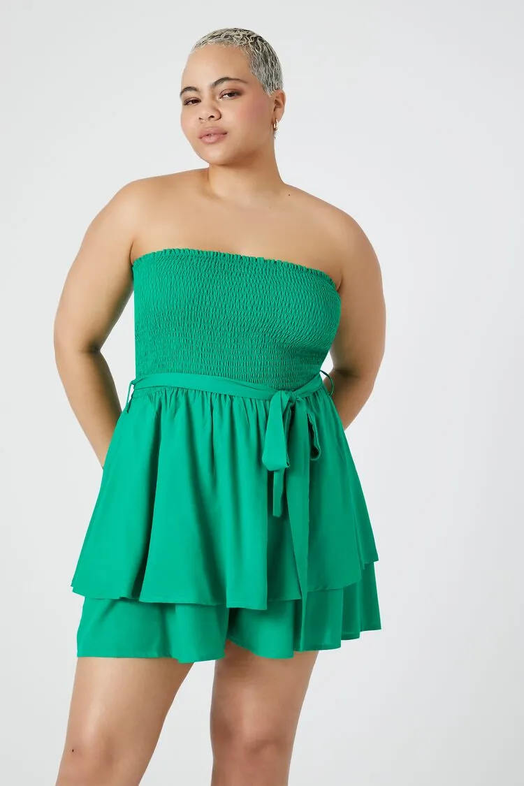 Forever 21 Plus Women's Belted Strapless Romper Green Forever 21