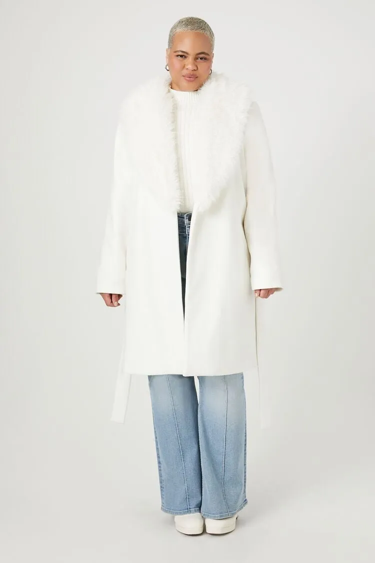 Forever 21 Plus Women's Faux Fur-Trim Trench Coat White Forever 21