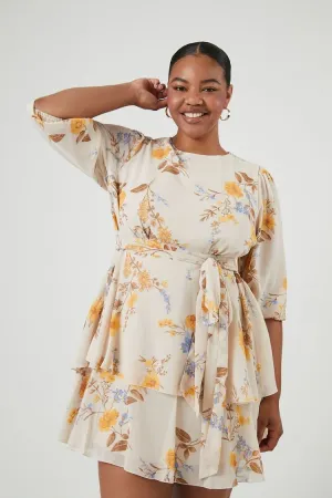 Forever 21 Plus Women's Floral Tiered Ruffle Mini Dress Taupe/Multi Forever 21
