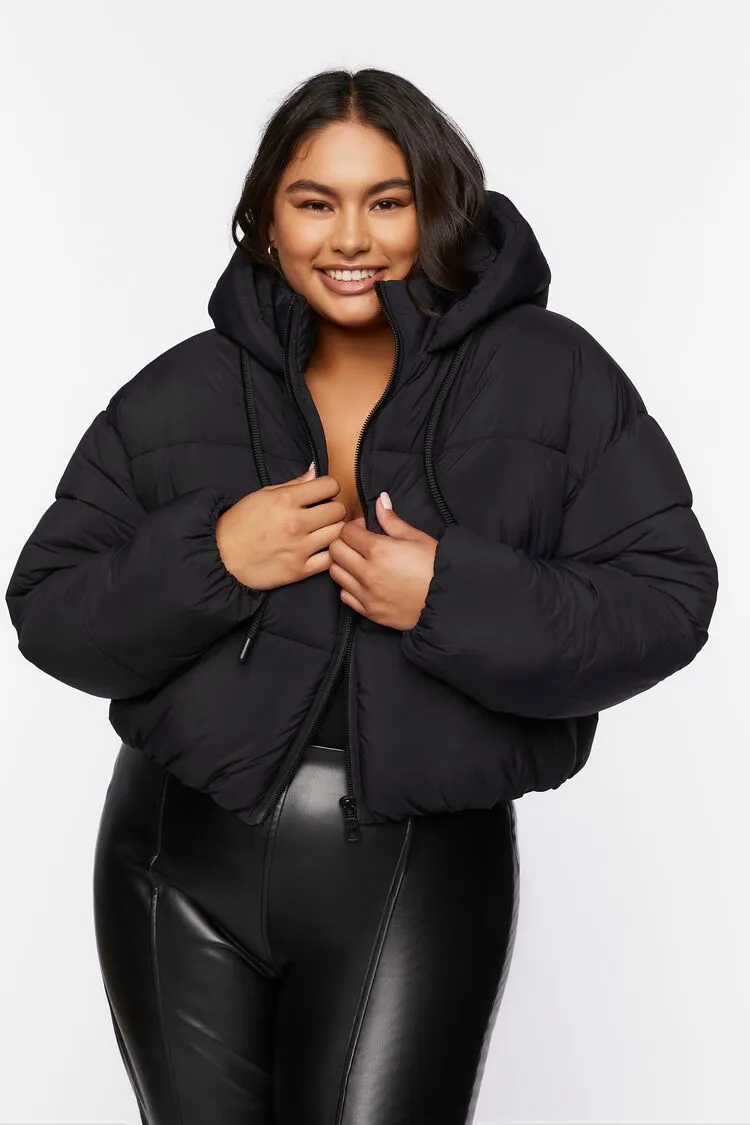 Forever 21 Plus Women's Hooded Puffer Bubble Coat Jacket Black Forever 21