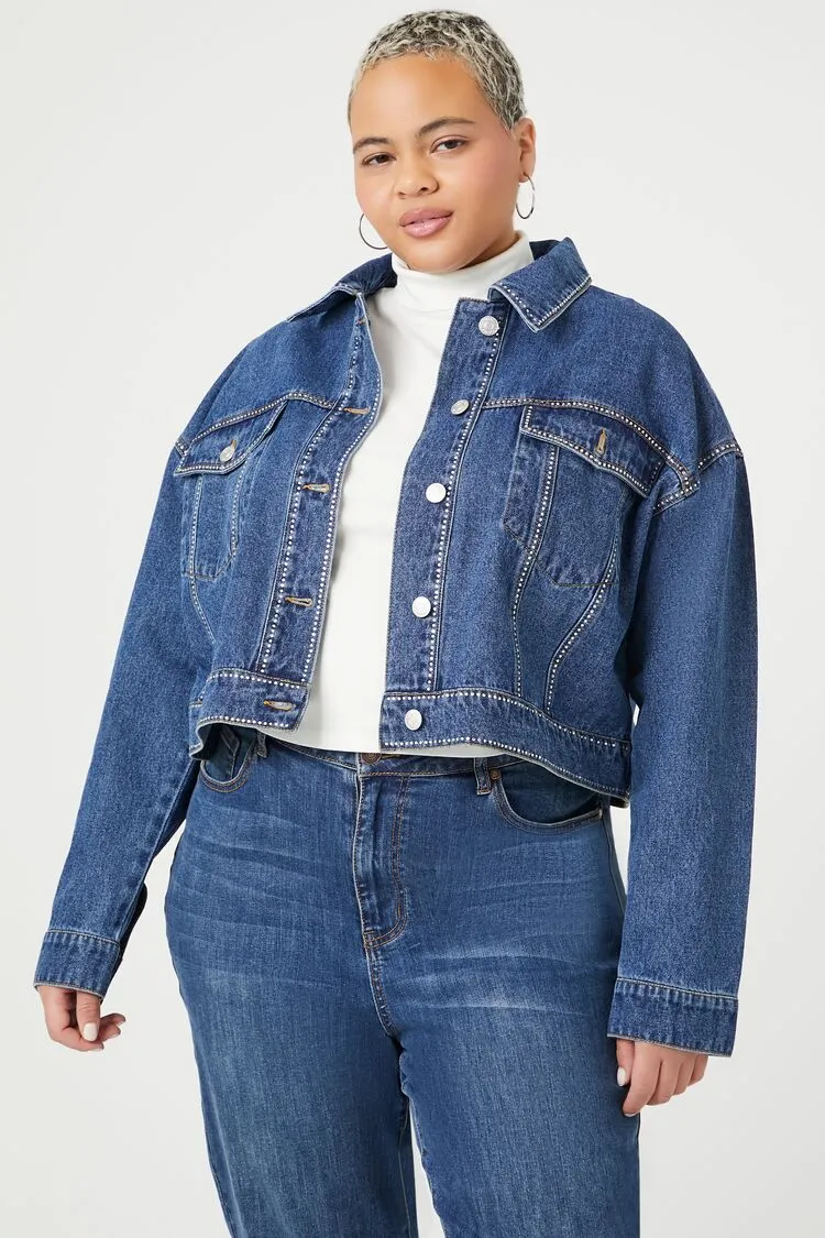 Forever 21 Plus Women's Rhinestone Denim Trucker Jacket Medium Denim Forever 21