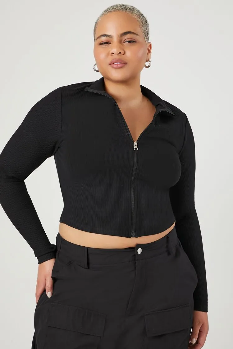 Forever 21 Plus Women's Ribbed Knit Zip-Up Top Black Forever 21
