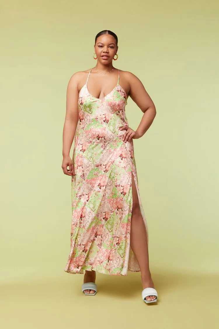Forever 21 Plus Women's Satin Floral Maxi Long Dress Pink/Multi Forever 21