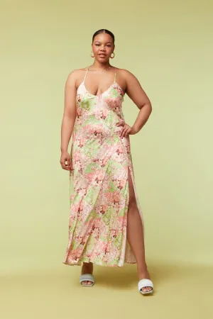 Forever 21 Plus Women's Satin Floral Maxi Long Dress Pink/Multi Forever 21