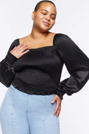 Forever 21 Plus Women's Satin Smocked Peasant Top Black Forever 21