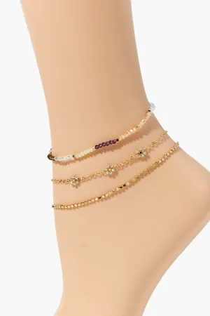 Forever 21 Women's Beaded Floral Chain Anklet Set Gold Forever 21