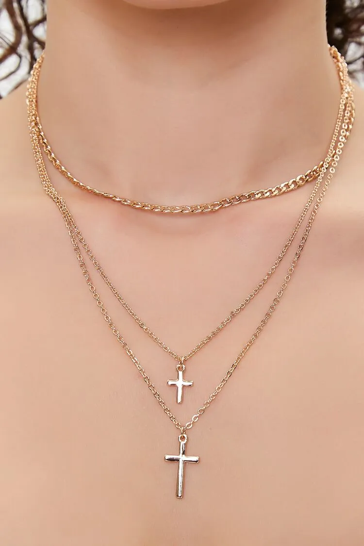 Forever 21 Women's Cross Charm Layered Necklace Gold Forever 21