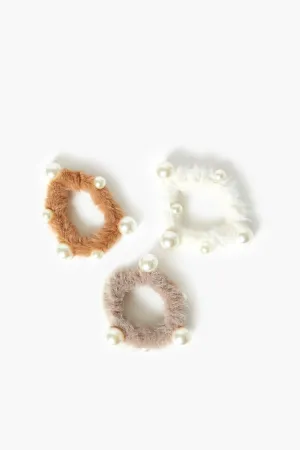 Forever 21 Women's Faux Fur & Pearl Scrunchie Set Tan/Multi Forever 21