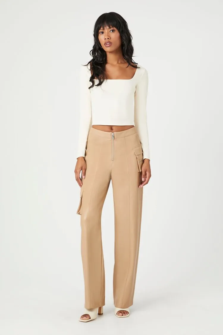 Forever 21 Women's Faux Leather/Pleather Cargo Ankle Pants Beige Forever 21