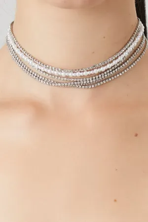 Forever 21 Women's Faux Pearl & Rhinestone Choker Necklace Silver/White Forever 21