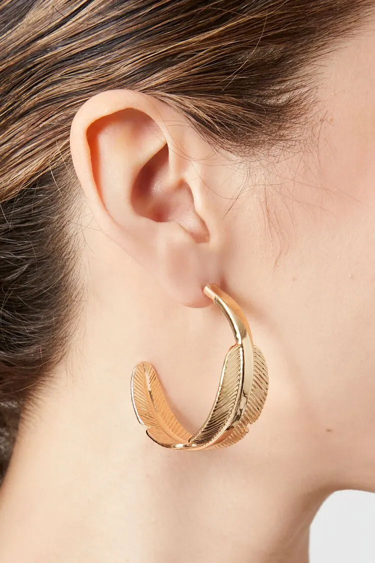 Forever 21 Women's Feather Hoop Earrings Gold Forever 21