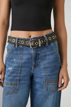 Forever 21 Women's Frayed Grosgrain Grommet Belt Olive/Silver Forever 21