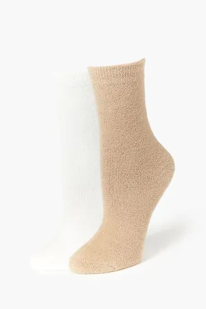 Forever 21 Women's Fuzzy Knit Crew Socks Set White/Tan Forever 21