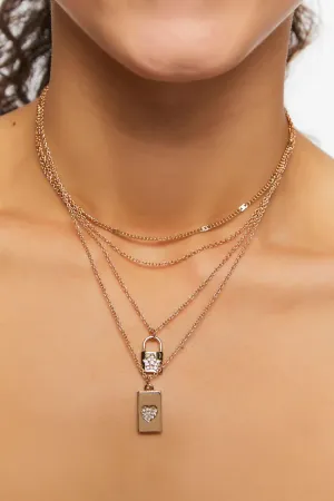 Forever 21 Women's Layered Rhinestone Lock & Pendant Necklace Gold Forever 21